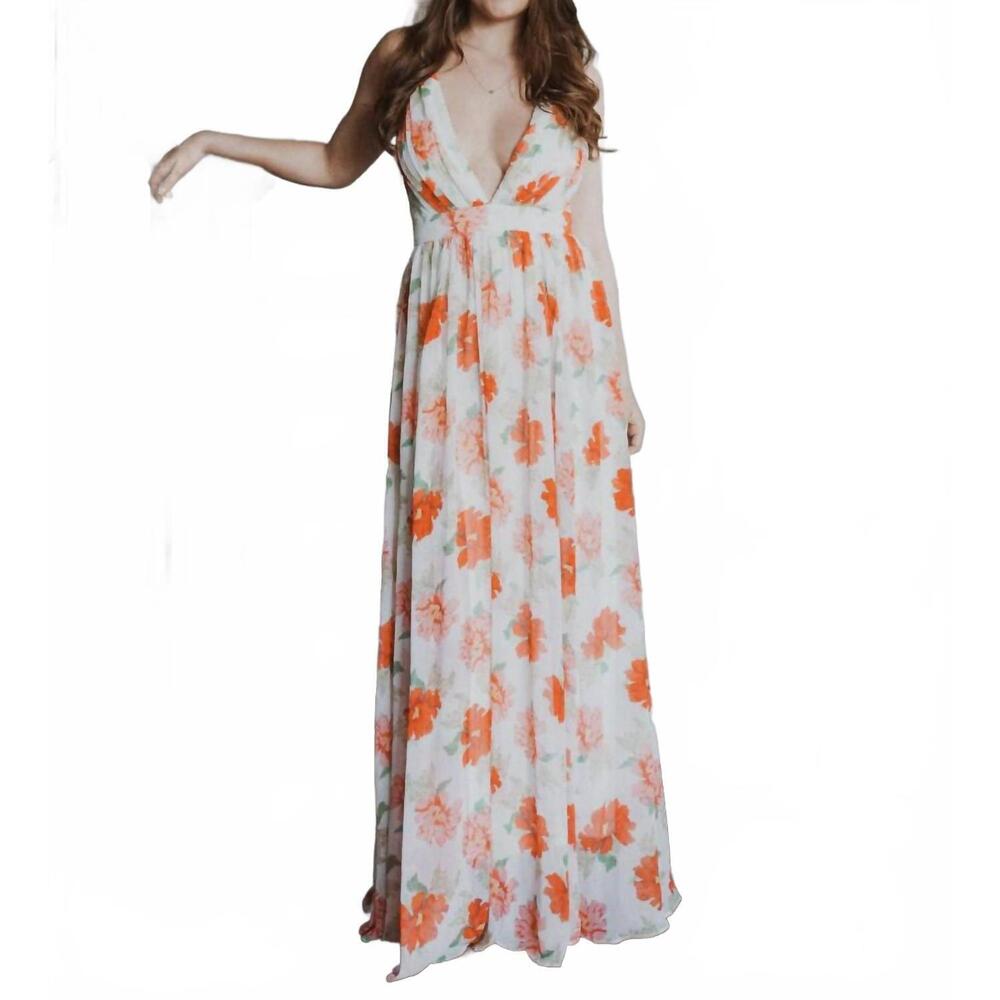 NEW THE CLOTHING COMPANY front pleats detail maxi flower dress in off white